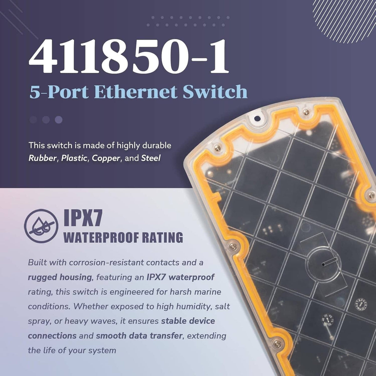 5-port Ethernet switch with IPX7 waterproof rating and rugged marine housing