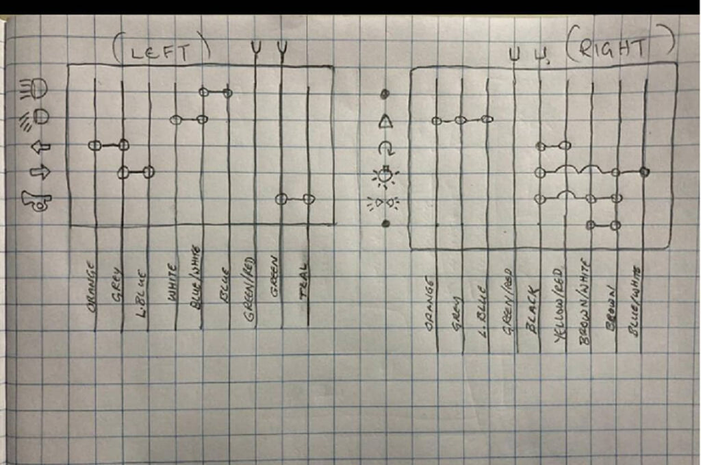 Motorcycle switch wiring schematic on graph paper, showing left and right contact diagrams