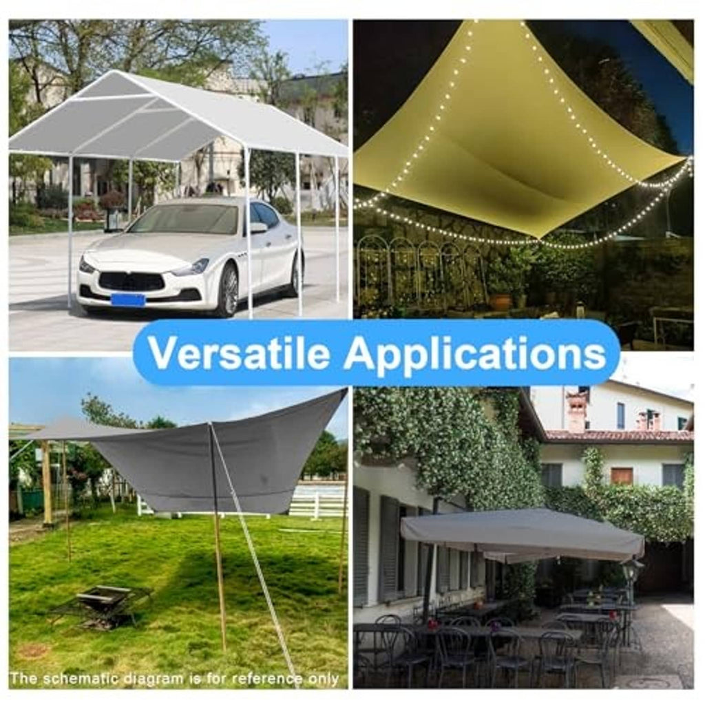 Carport canopy cover with grey tarp roof and white frame, shown for outdoor use.
