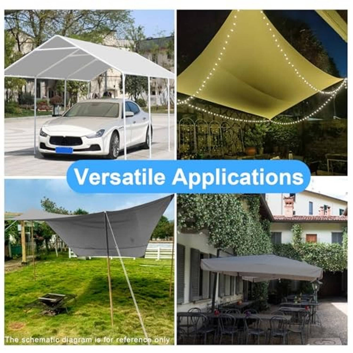 Carport canopy cover with grey tarp roof and white frame, shown for outdoor use.