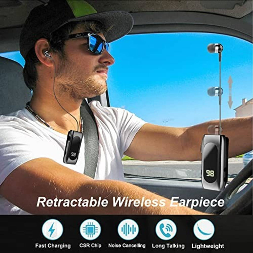 Retractable wireless earphone worn with black clip headset and small charging case