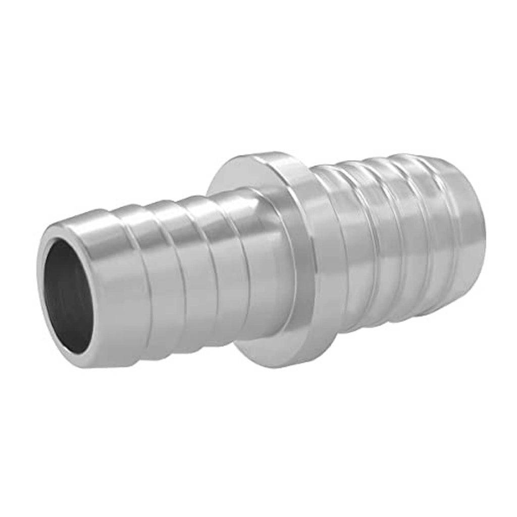 Metal hose barb coupler reducer with ridged connector ends, 5/8" to 3/4"