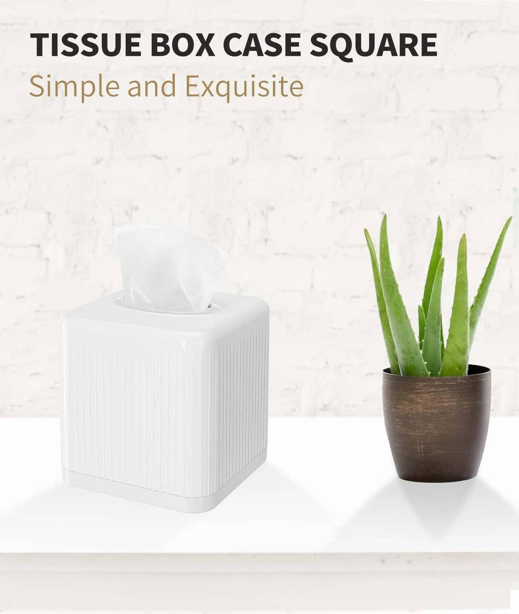 White square plastic tissue box cover with open top on base, ridged texture visible.