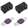 Black AMI/Midi fuse holder with clear window and connector pins, bolt-on style