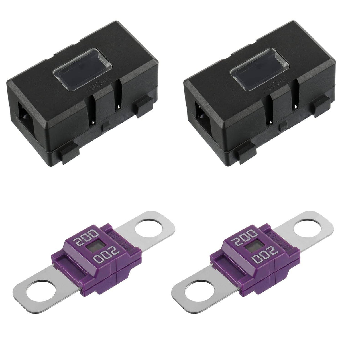 Black AMI/Midi fuse holder with clear window and connector pins, bolt-on style