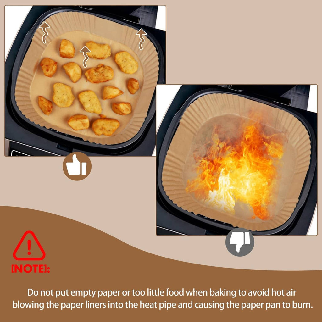 Paper liner in air fryer basket with caution and heat detail