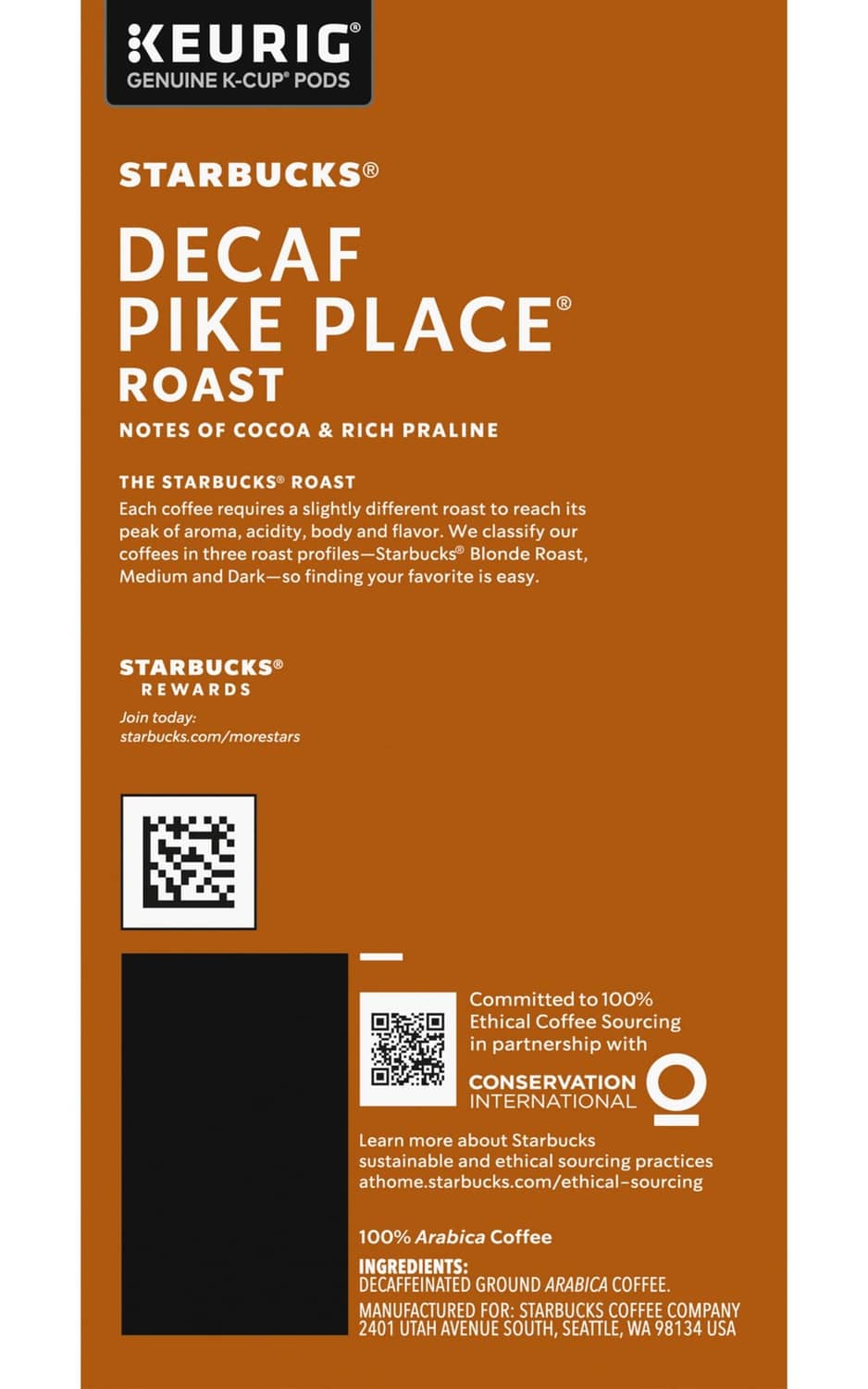 Starbucks Decaf Pike Place K-cup pods box back side with roast description and sourcing info