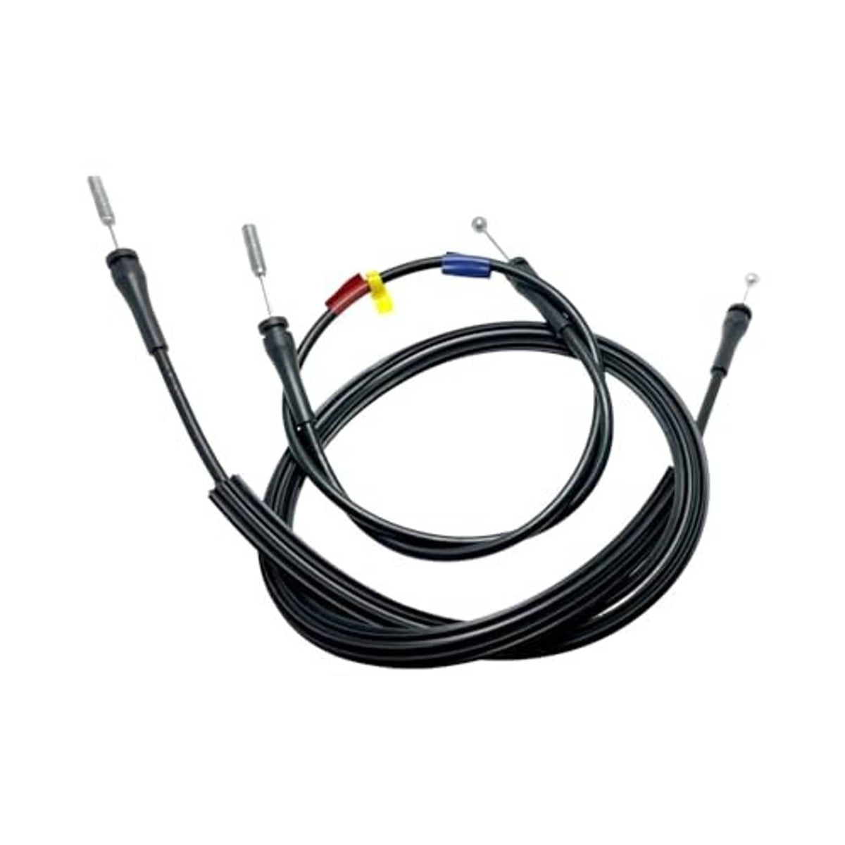 Car door latch release cable bundle with black wires and four silver metal end terminals