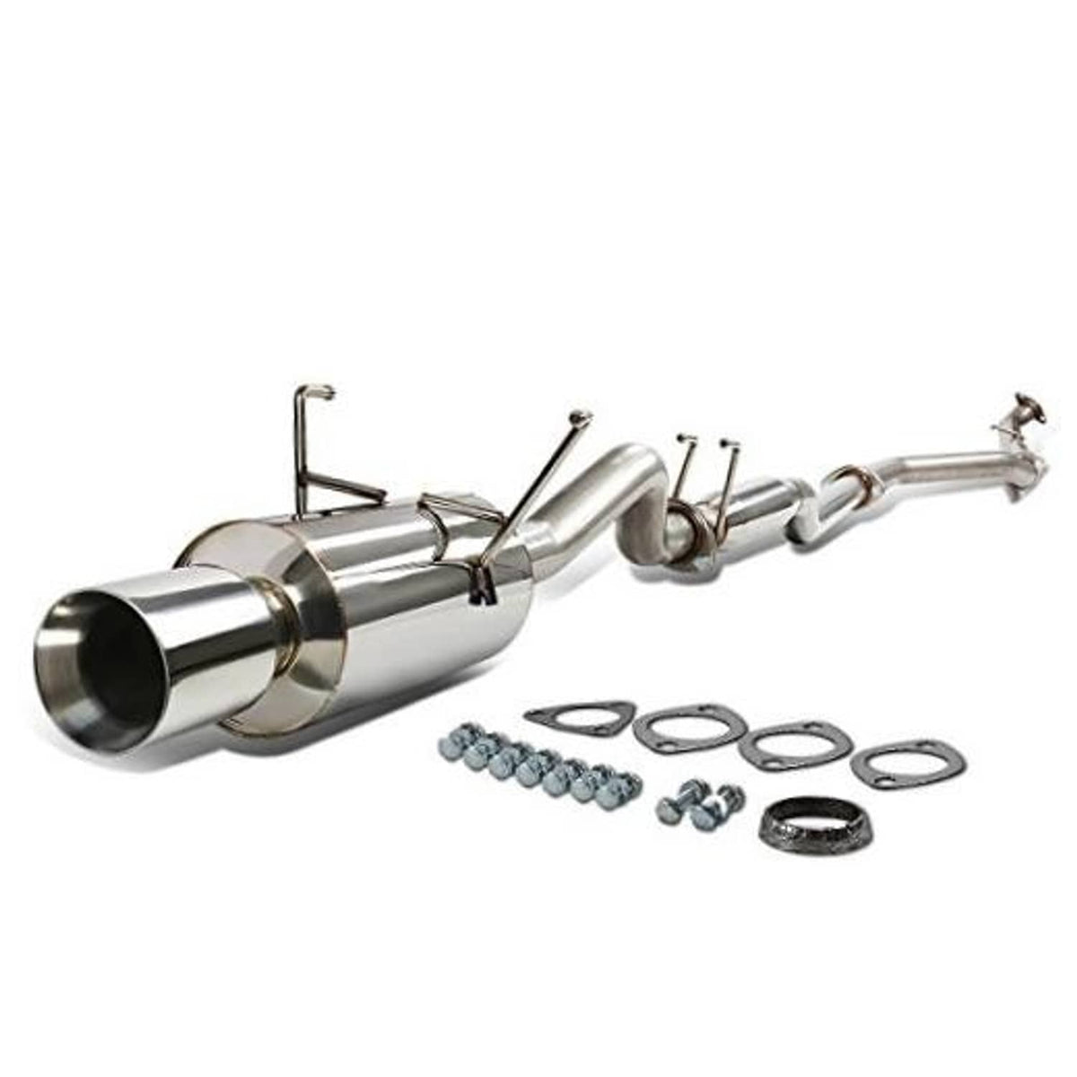 Stainless steel cat-back muffler exhaust system with twin round outlet and hardware