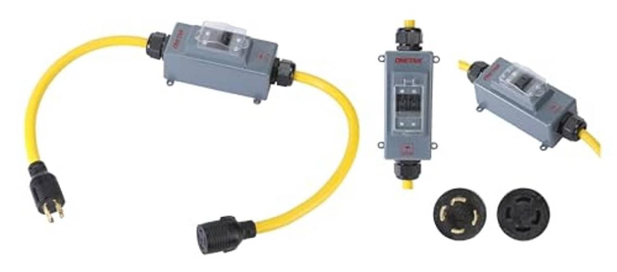 4-prong twist-lock adapter set with yellow cable, plug, and receptacle parts