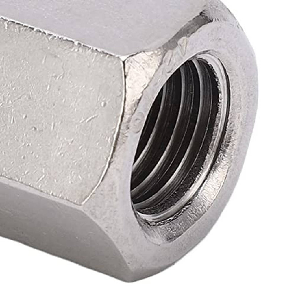 Close-up of 304 stainless steel hex coupling nut end with internal M16x2 threads