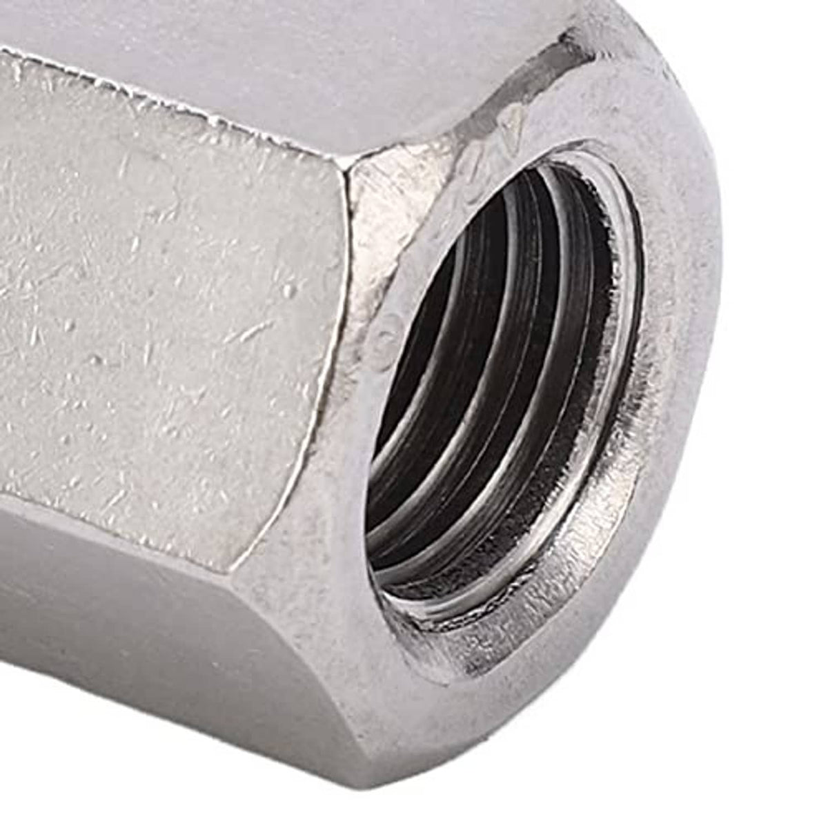 Close-up of 304 stainless steel hex coupling nut end with internal M16x2 threads