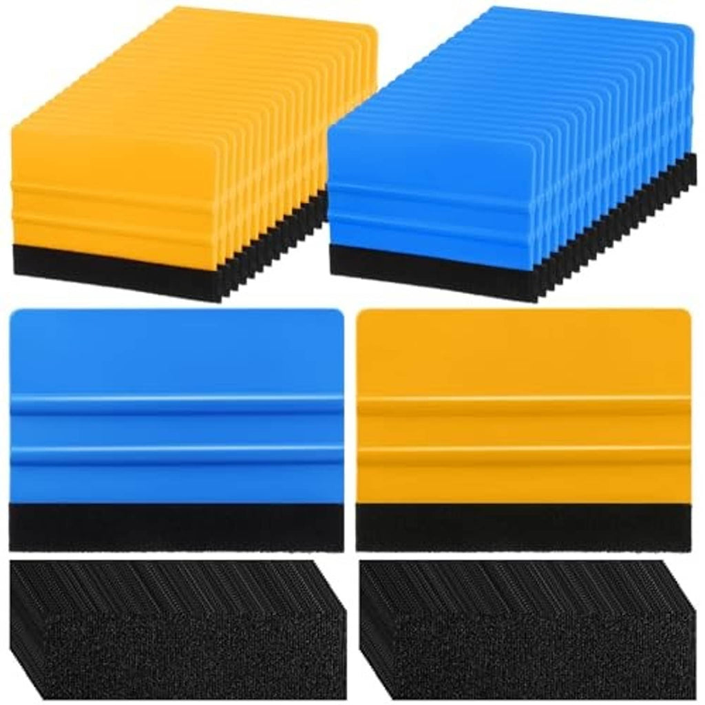 Pack of blue and yellow vinyl squeegees with black velvet felt pads