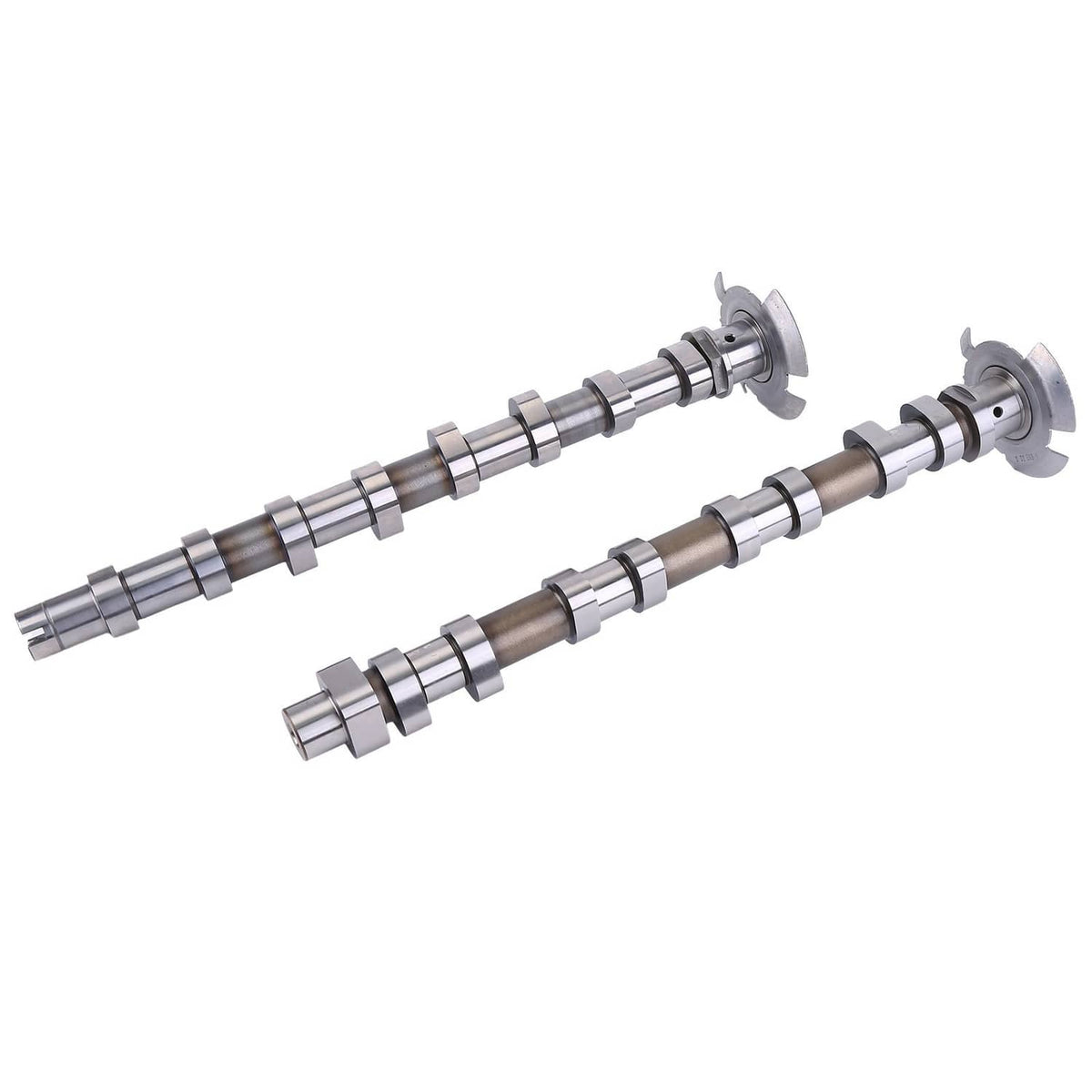 Camshaft set laid at a diagonal angle, both shafts with circular mounting plates