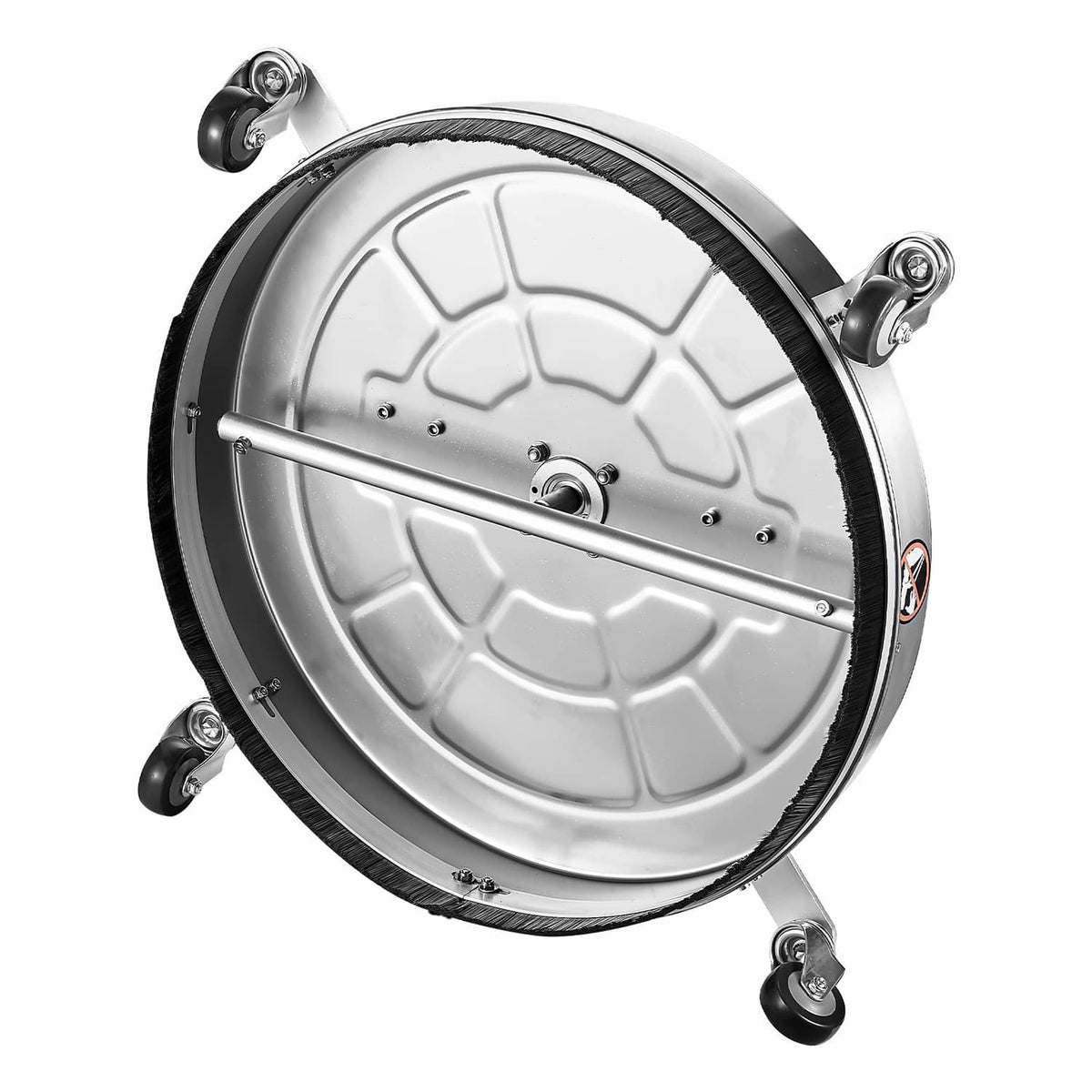 Stainless steel 24 in pressure washer surface cleaner head with four caster wheels, close-up