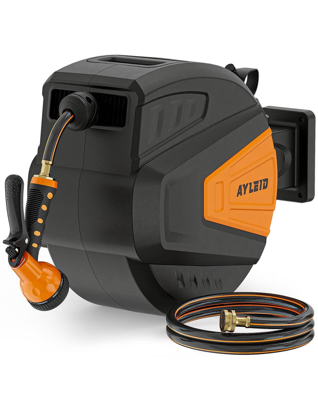 Retractable garden hose reel with deep black housing and orange accents, 100 ft hose
