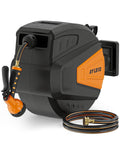 Retractable garden hose reel with deep black housing and orange accents, 100 ft hose