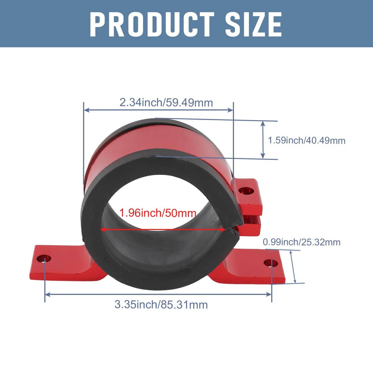 Red mounting bracket clamp with black rubber ring for external fuel pump