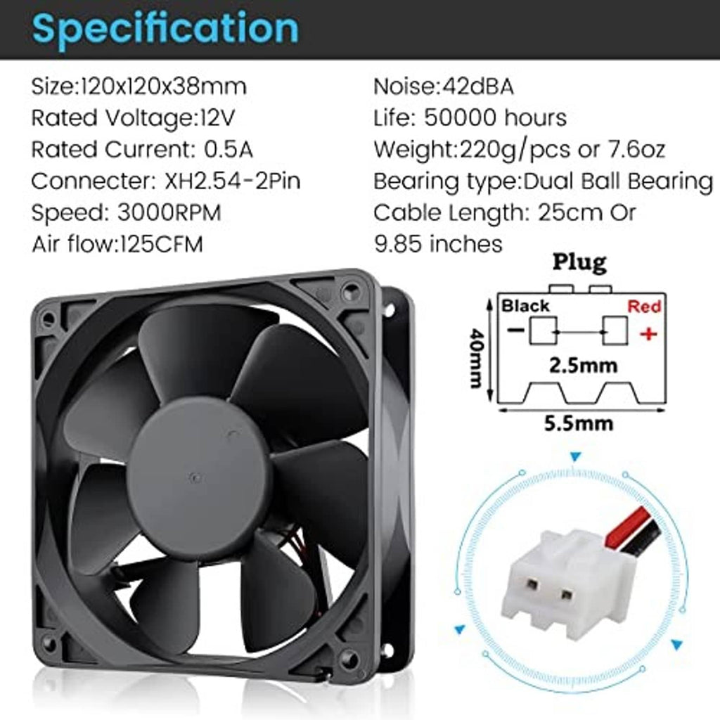 120mm cooling fan with red and black 2-pin DC cable connector, spec diagram background