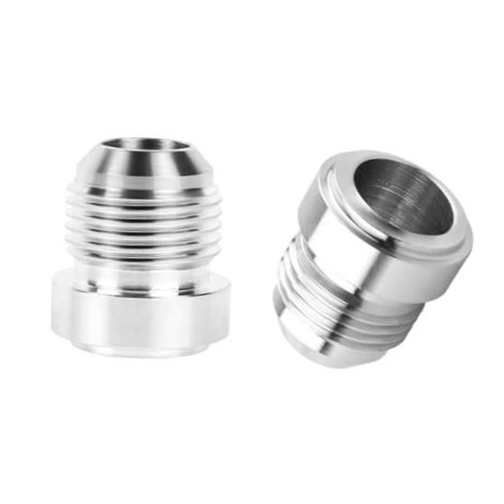 Aluminum AN10 male weld bung fitting pair with male flare threads, silver finish