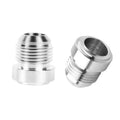 Aluminum AN10 male weld bung fitting pair with male flare threads, silver finish