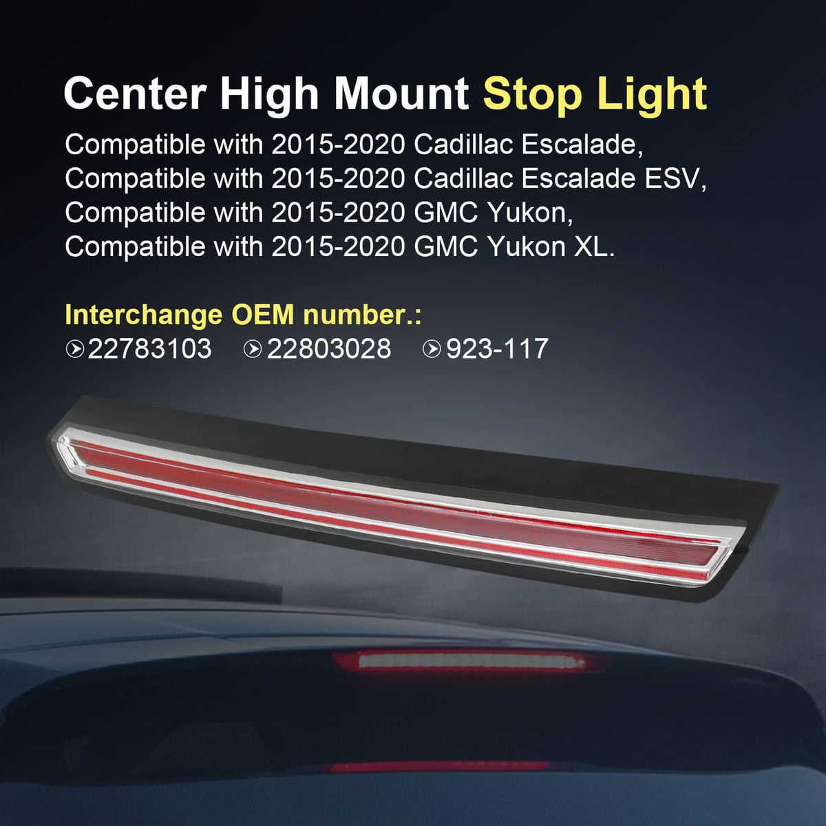 Center high mount stop light with red LED bar, chrome trim in rectangular housing