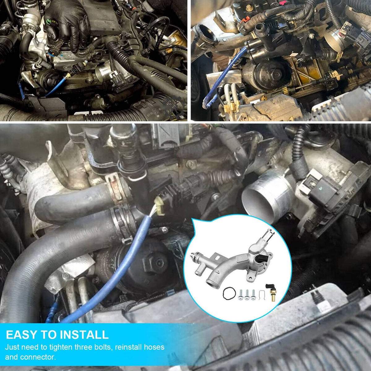 Installed aluminum thermostat housing water outlet in engine bay, with hose connections
