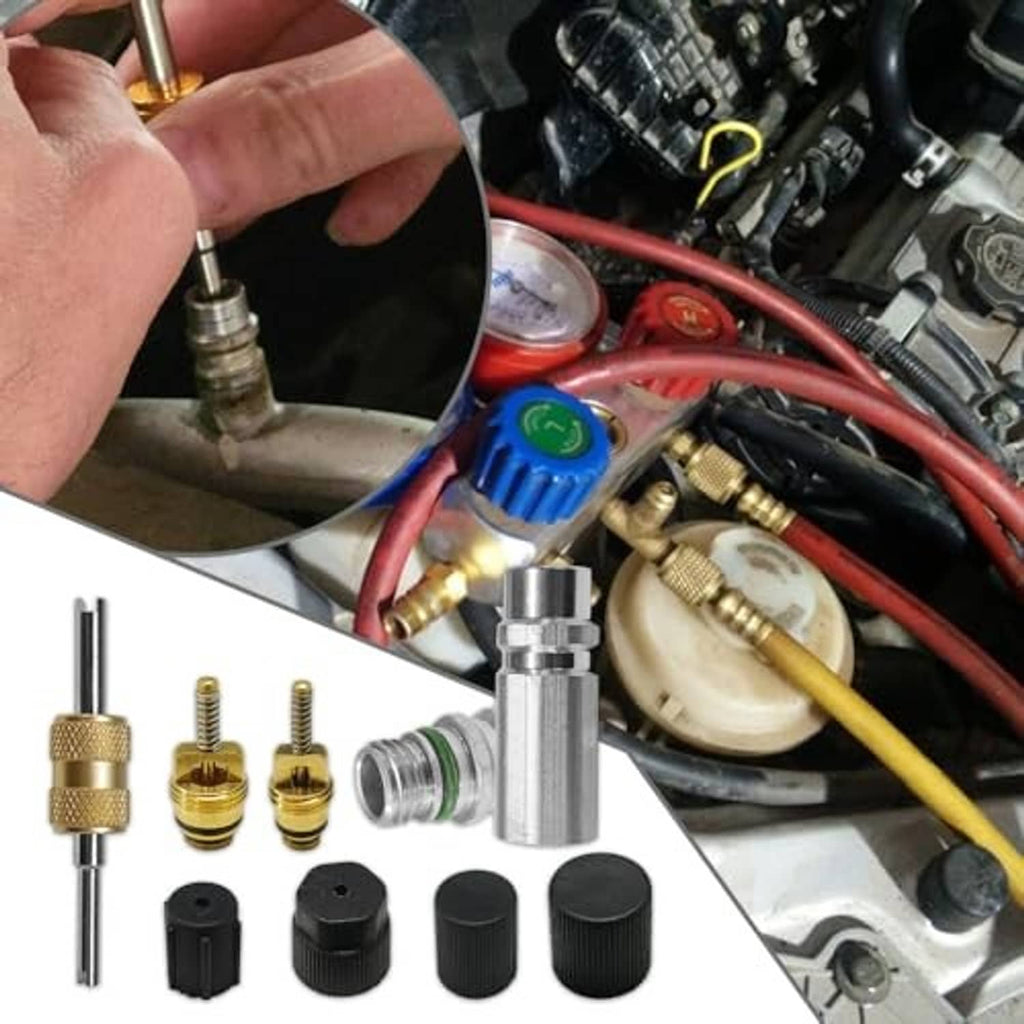 Hand holding A/C valve core tool near engine hoses, silver valve fitting