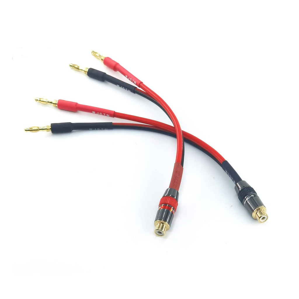 Speaker adapter cable with red and black leads and gold banana plug connectors