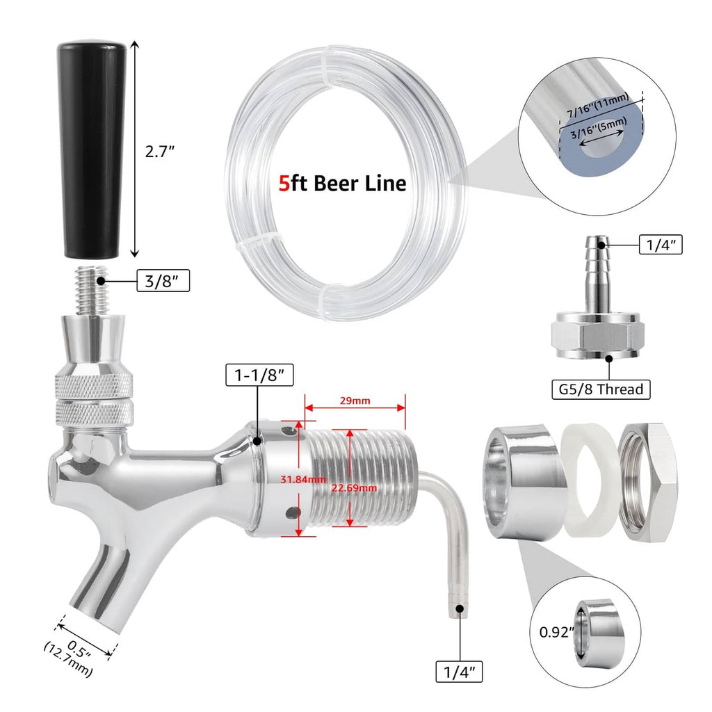 Beer faucet shank kit with 5 ft clear beer line and threaded shank fittings