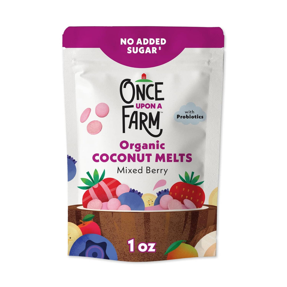 Organic coconut melts pouch, mixed berry flavor, 1 oz, with probiotics, no added sugar