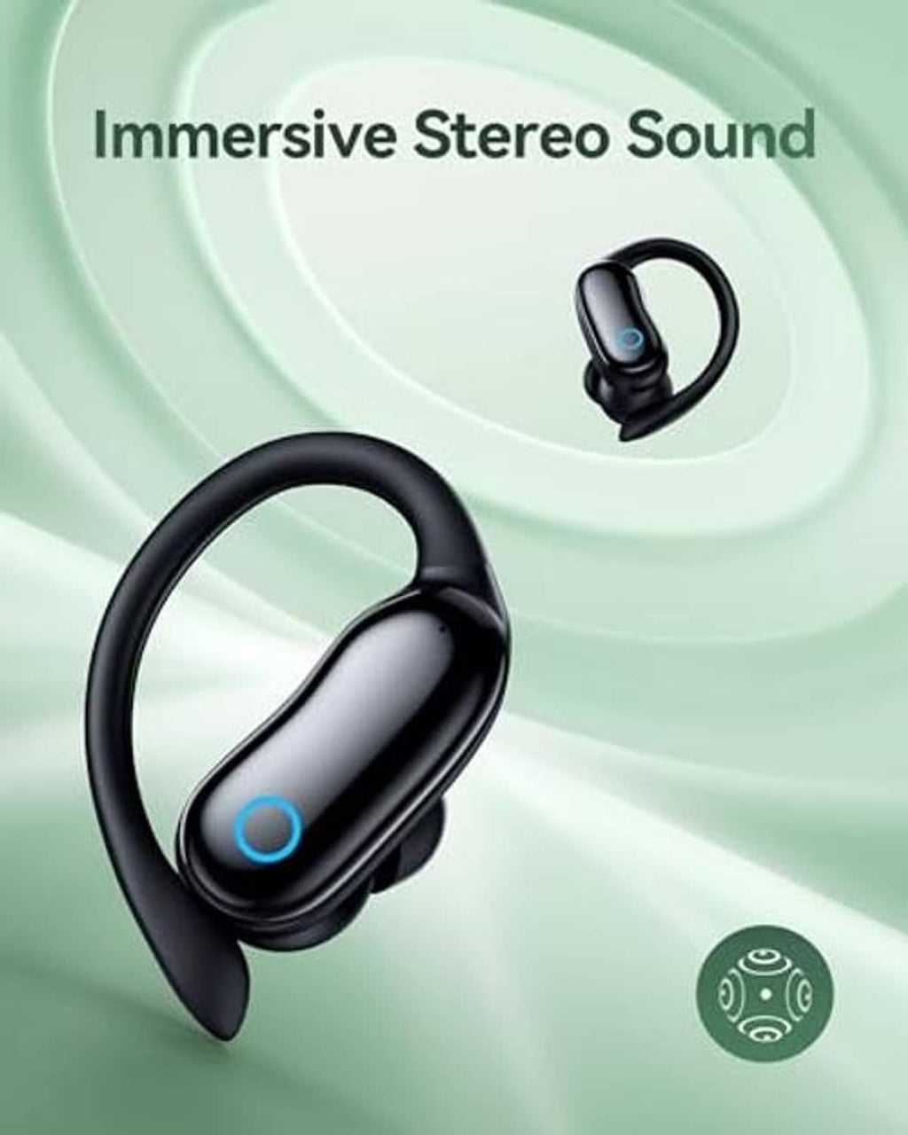 Black wireless earbuds with curved stem design, featuring a blue status light