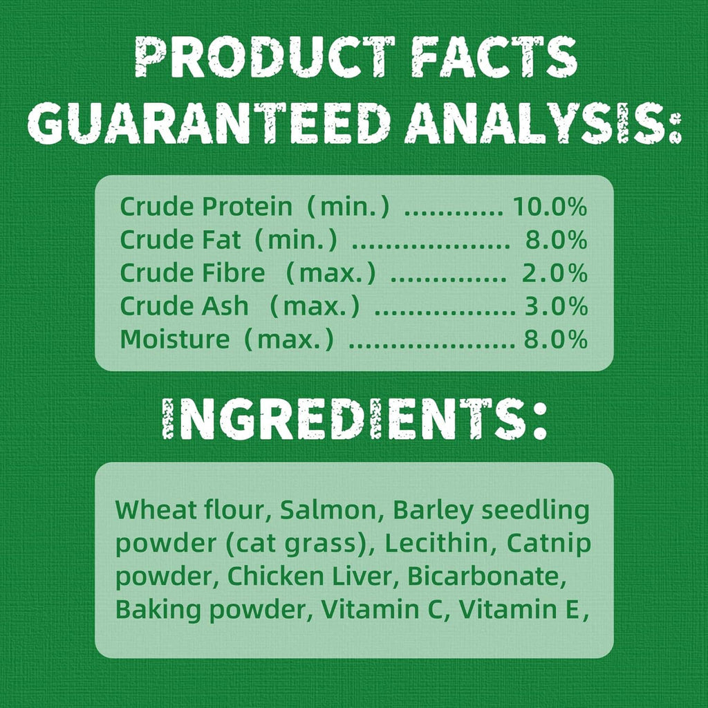 Cat treat “Product Facts” panel with guaranteed analysis and ingredients list
