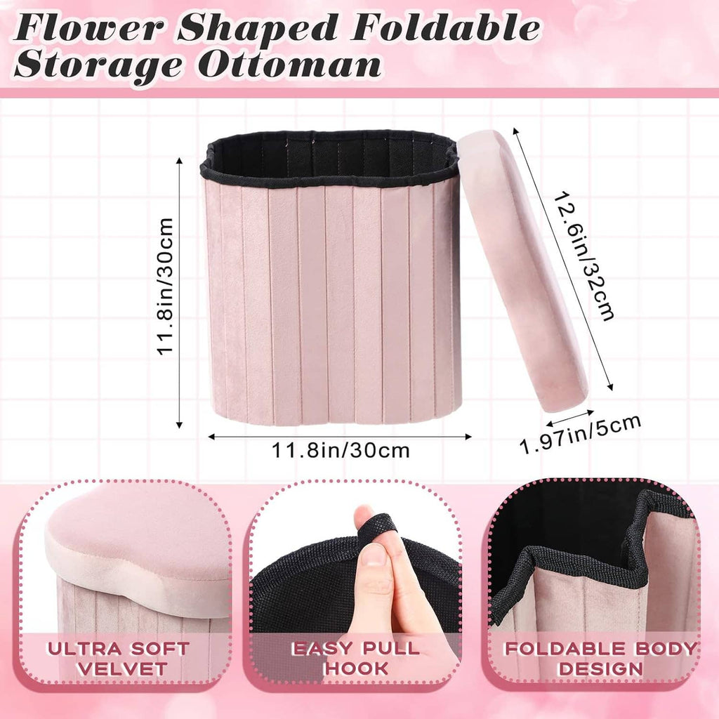 Pink foldable velvet storage ottoman with black interior and padded rounded lid