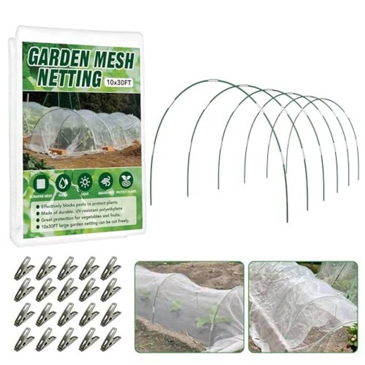Garden mesh netting kit with arch hoops and clips, packaged with mesh panels.