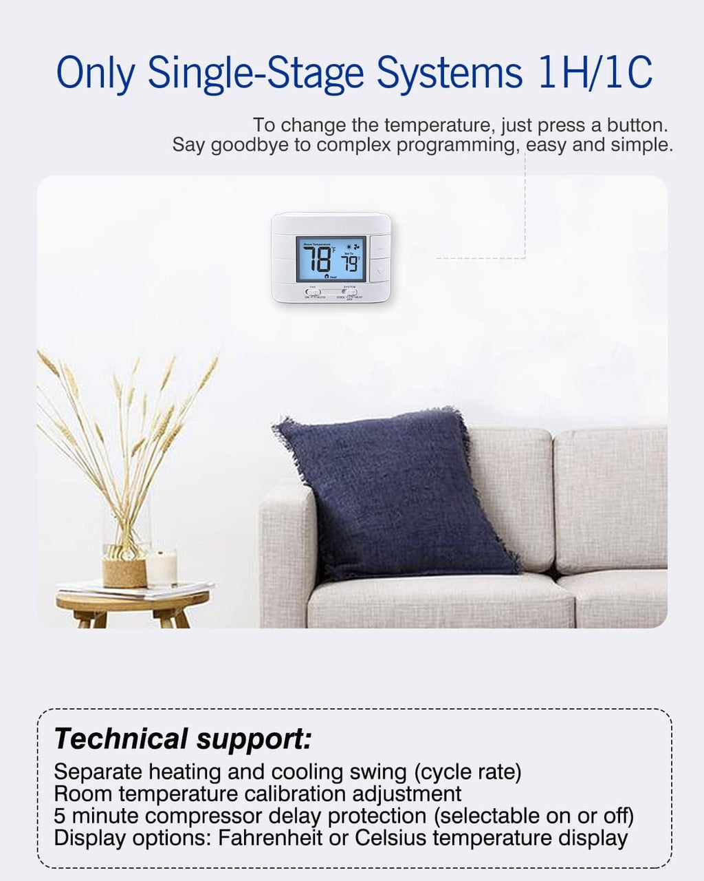 White thermostat with Fahrenheit LCD display and heat icon controls