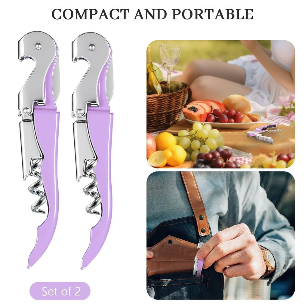Set of two lilac and silver waiter corkscrews, compact handheld wine opener