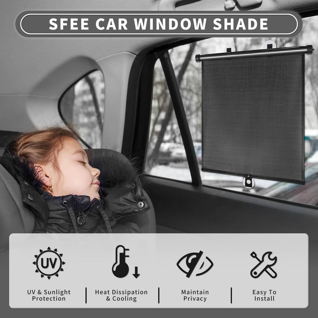 Black car window shade with mesh panel on roller bar and suction cup mounts