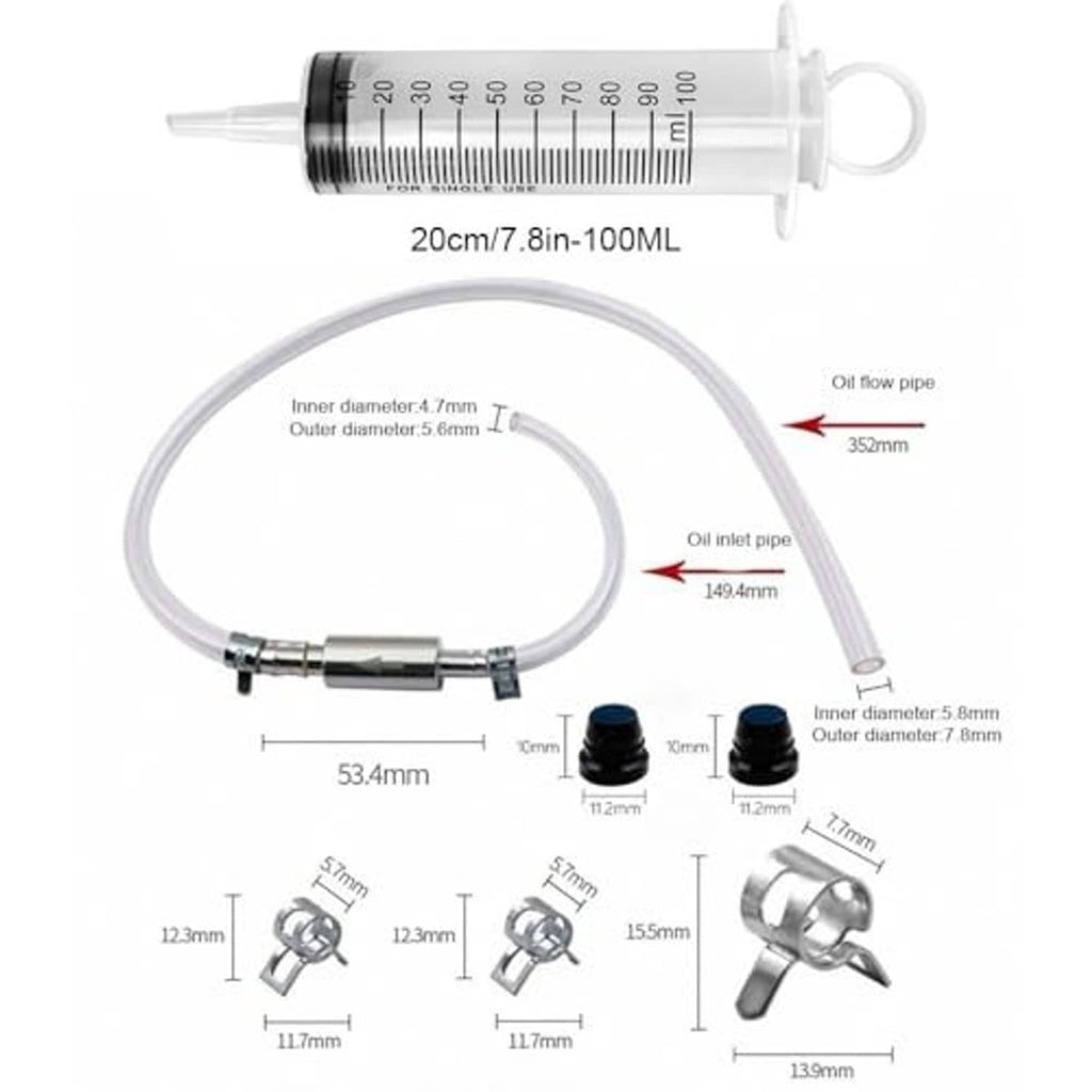 Brake bleeder kit diagram showing two syringes, clear hoses, caps, and metal clamps