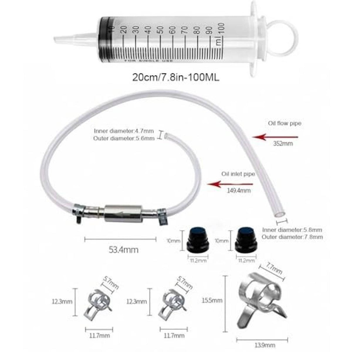 Brake bleeder kit diagram showing two syringes, clear hoses, caps, and metal clamps
