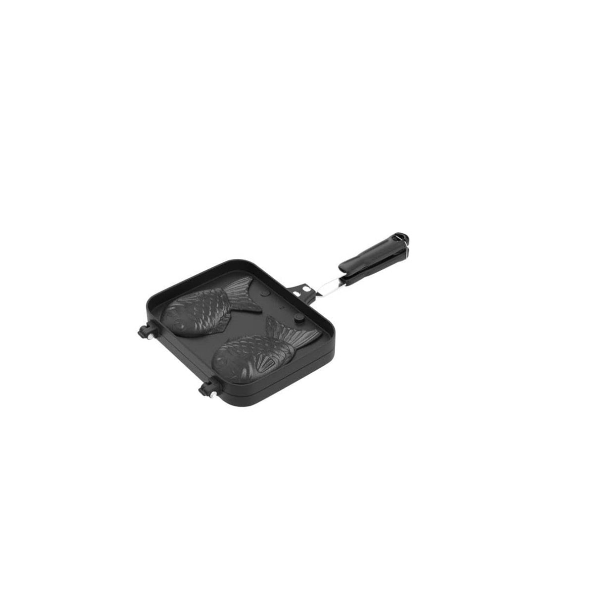 Black fish-shaped waffle maker pan with hinged lid and carrying handle