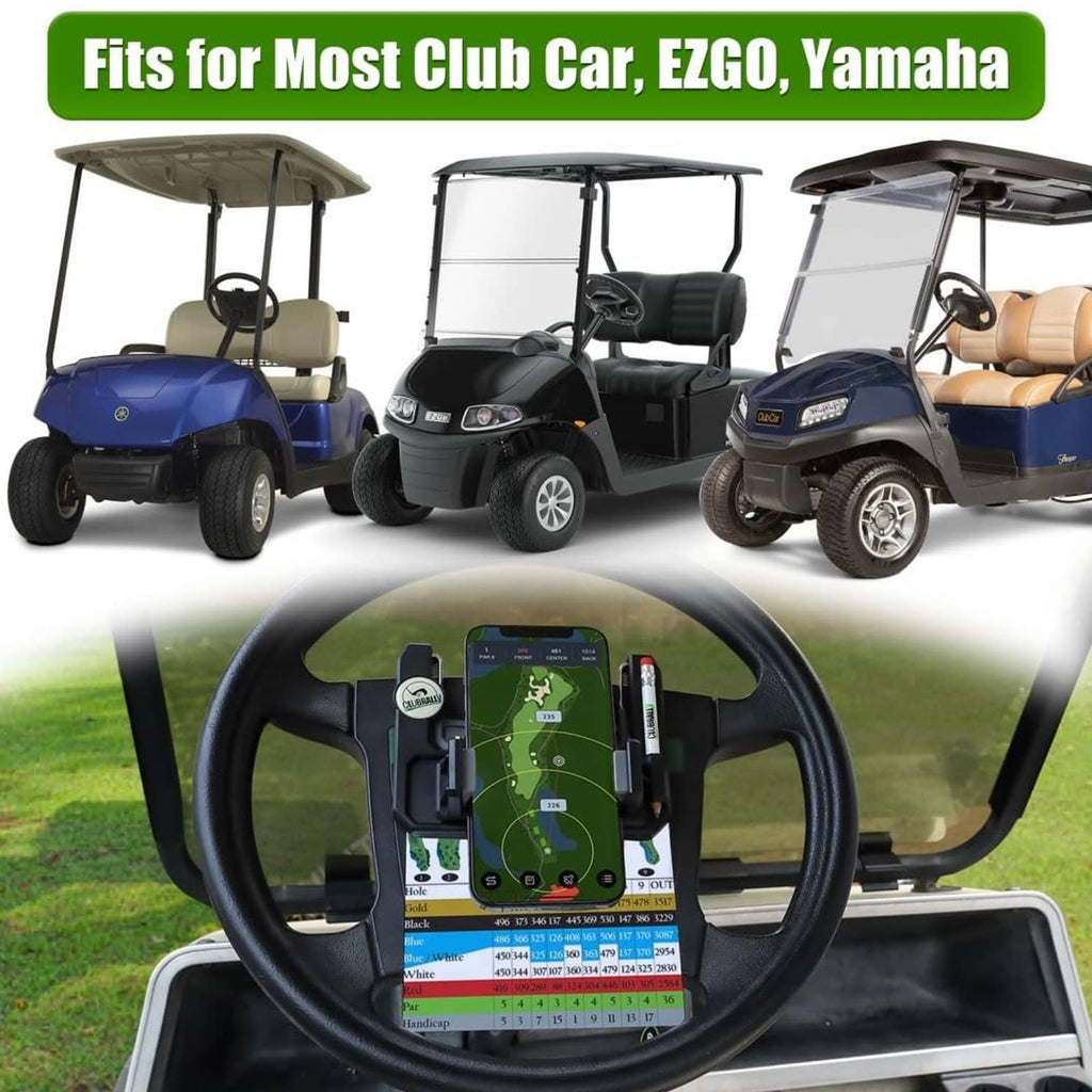 Installed black steering wheel phone mount holding a smartphone on a golf cart