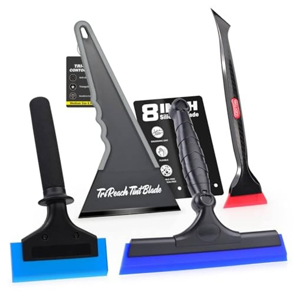 Window tint squeegee set featuring triangular blade and red-edged scraper with handle