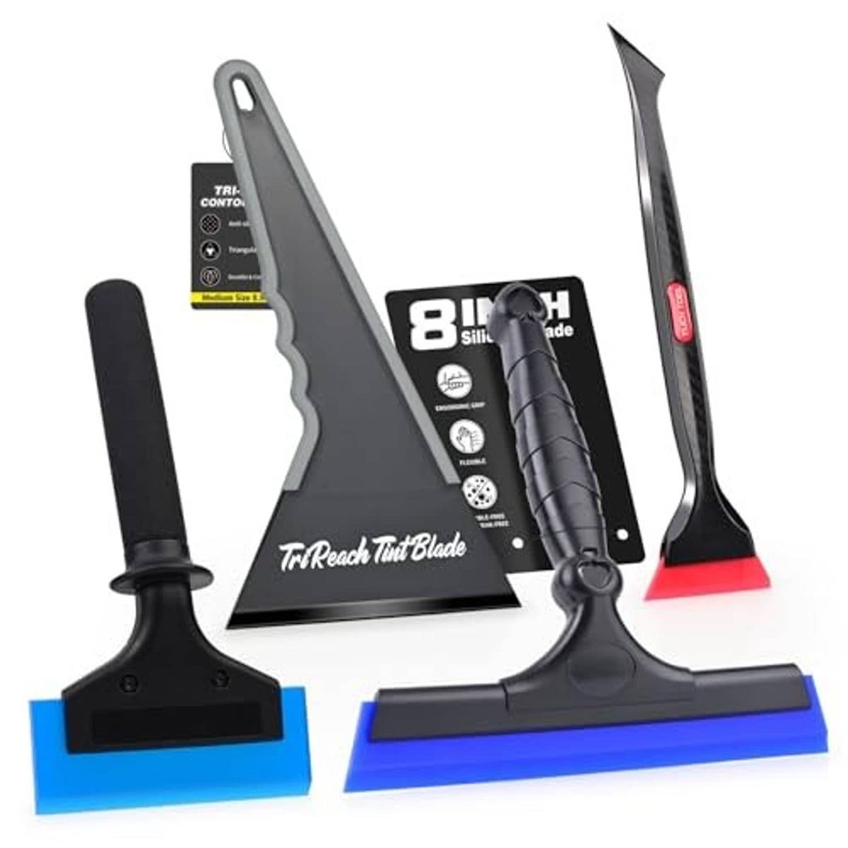 Window tint squeegee set featuring triangular blade and red-edged scraper with handle
