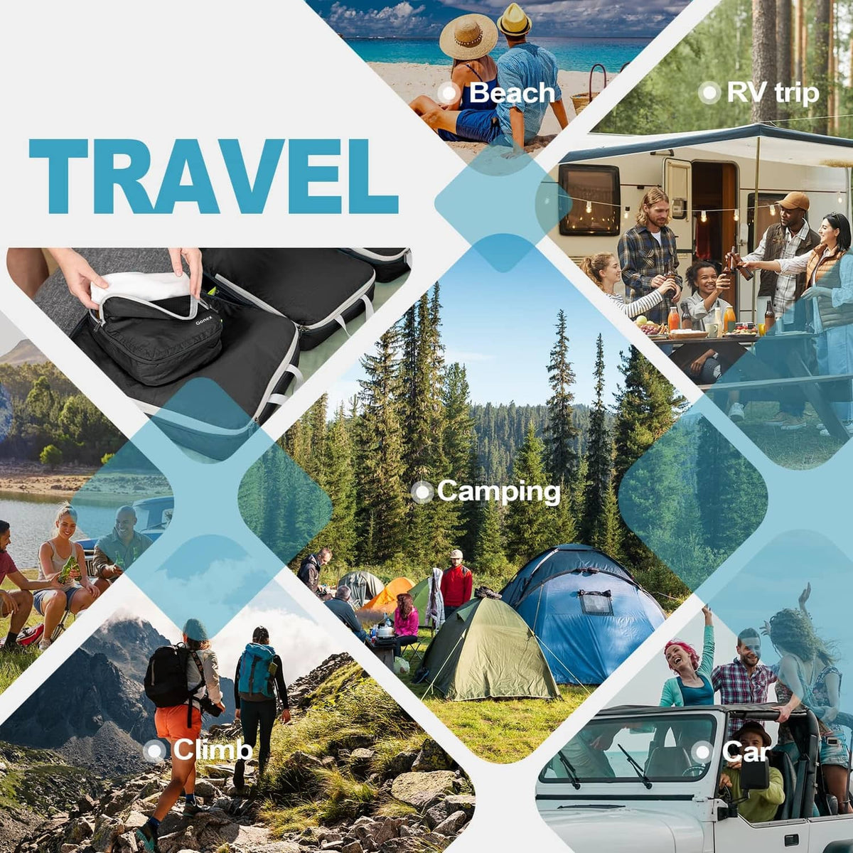 Gonex travel compression cubes shown for beach, camping, car, and RV trips