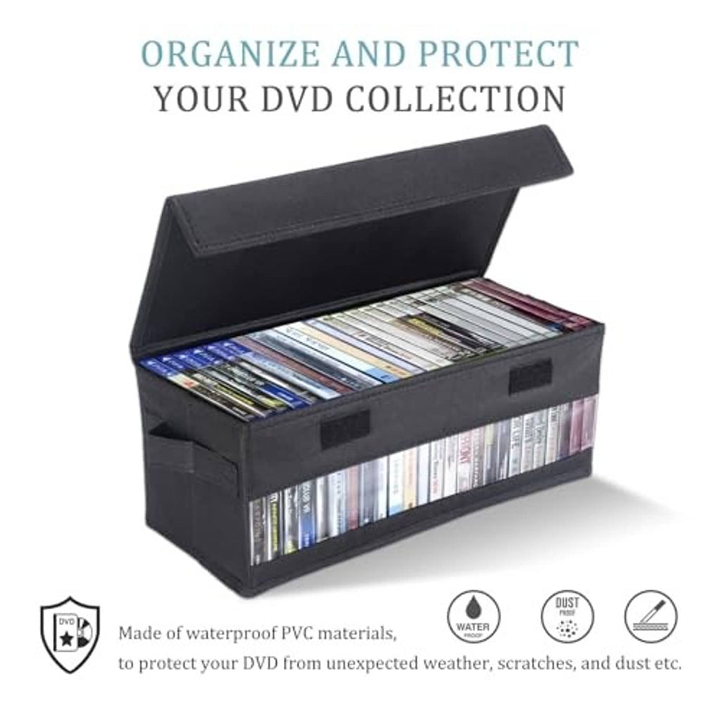 Black media organizer with clear front window and flip-top lid, shown open with discs inside