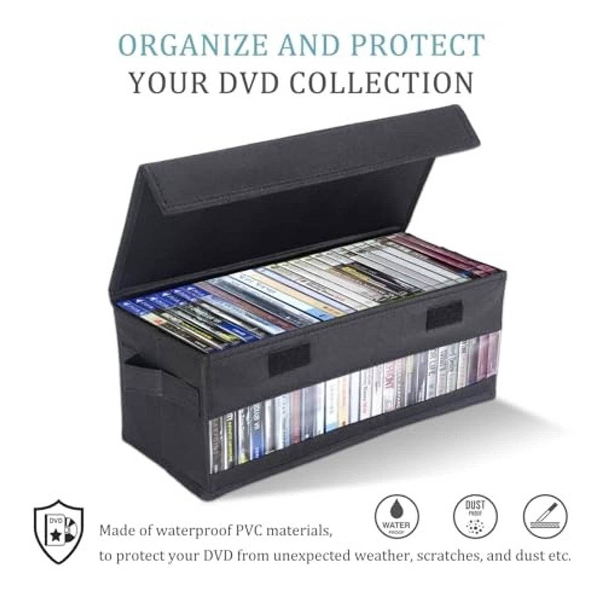 Black media organizer with clear front window and flip-top lid, shown open with discs inside