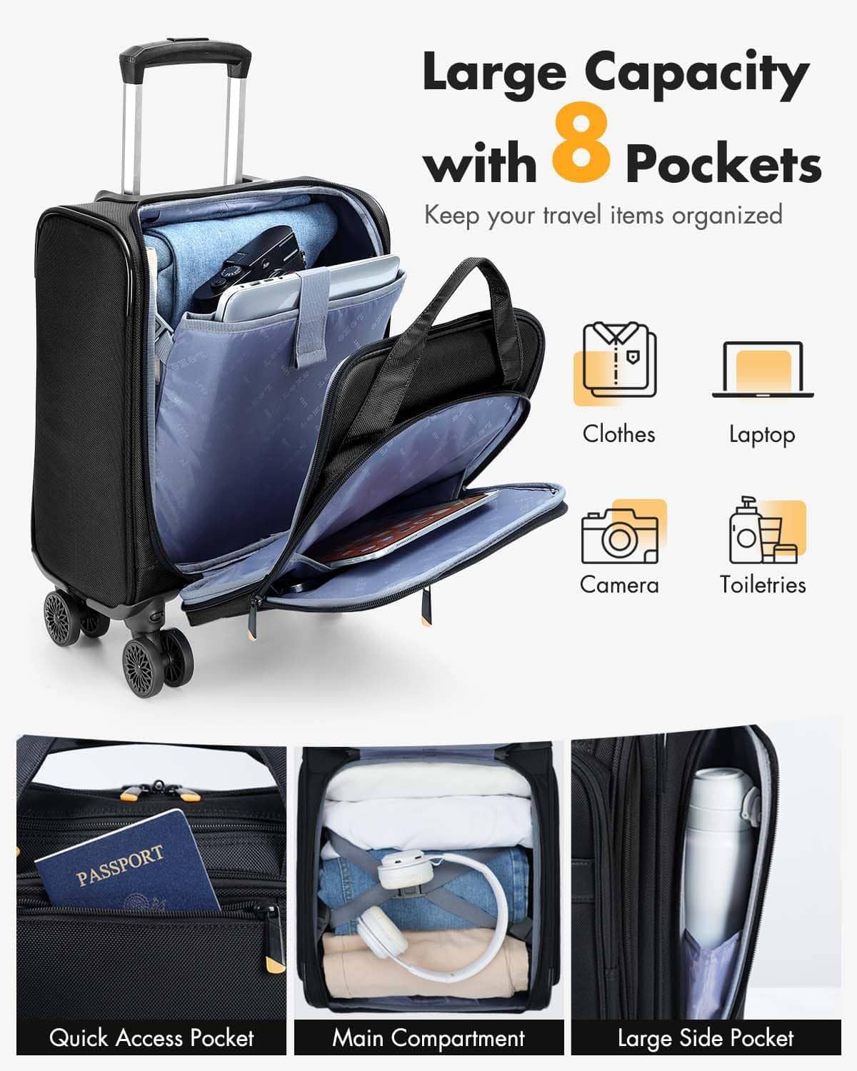 Black softside underseat suitcase with interior organizer and 8 pockets, open view