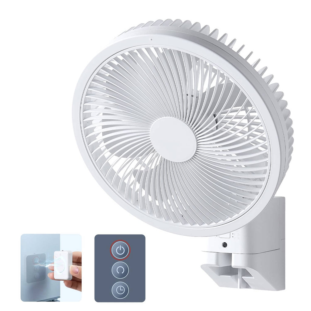Wall-mounted oscillating fan with white grille and blade hub, grey mounting base