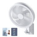 Wall-mounted oscillating fan with white grille and blade hub, grey mounting base